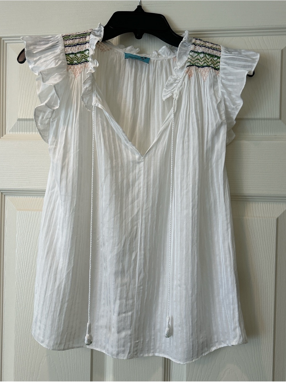 Letarte White Cotton Ruffled Tie-Neck Camisole with Embroidered Shoulders